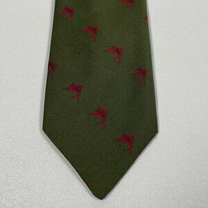 Vintage Green Silk Tie with Red Embroidered Marlin Fish Pattern - Classic Design